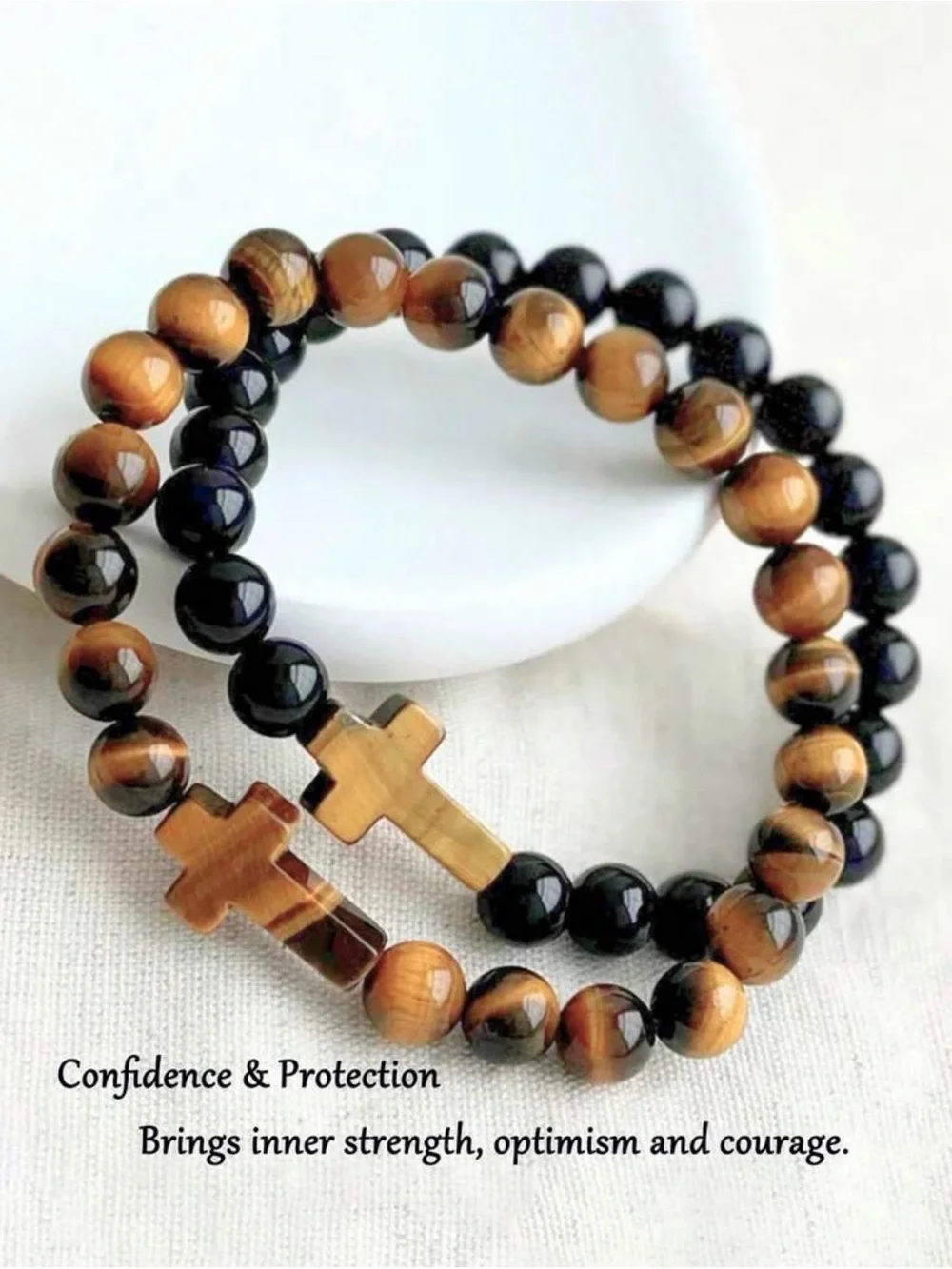 Men's Black Bead Bracelet with Gold Cross tiger eye stone waterproof